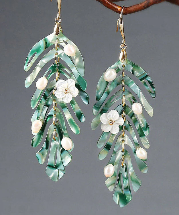 Elegant Green Copper Pearl Shell Flower Asymmetricar Leaf Drop Earrings - republicanstateiElegant Green Copper Pearl Shell Flower Asymmetricar Leaf Drop Earrings - republicanstatei