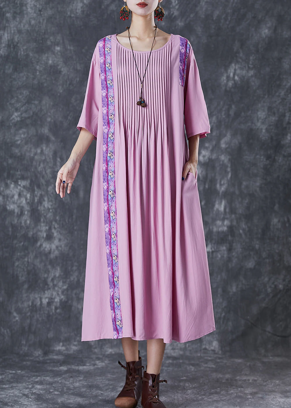 Elegant Light Purple Oversized Patchwork Wrinkled Linen Dress Half Sleeve - republicanstateiElegant Light Purple Oversized Patchwork Wrinkled Linen Dress Half Sleeve - republicanstatei