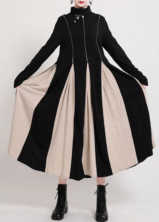 Unique Black Turtle Neck Patchwork Exra Large Hem Cotton Dresses Winter - republicanstateiUnique Black Turtle Neck Patchwork Exra Large Hem Cotton Dresses Winter - republicanstatei
