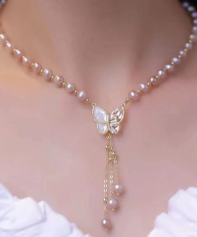 Stylish Light Purple Sterling Silver Alloy Zircon Butterfly Pearl Tassel Pendant Necklace - republicanstateiStylish Light Purple Sterling Silver Alloy Zircon Butterfly Pearl Tassel Pendant Necklace - republicanstatei