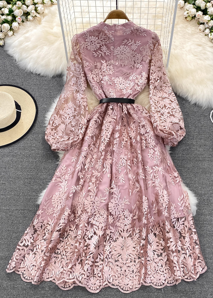 Women Pink O-Neck Embroideried Floral Tunic Sashes Tulle Maxi Dress Lantern Sleeve - republicanstateiWomen Pink O-Neck Embroideried Floral Tunic Sashes Tulle Maxi Dress Lantern Sleeve - republicanstatei