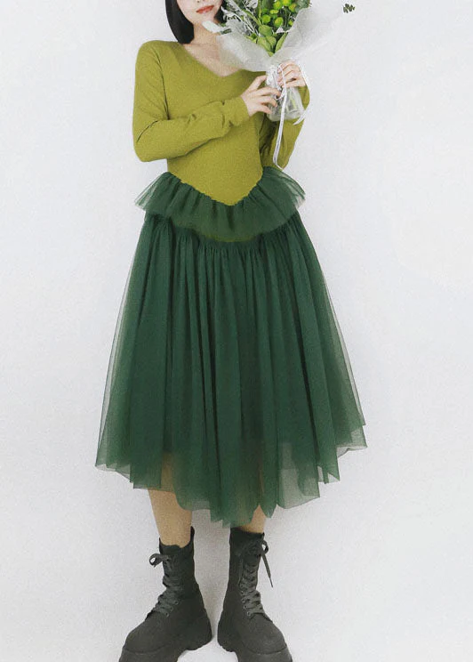 Women Green V Neck Patchwork Tulle Exra Large Hem Cotton Long Dress Long Sleeve - republicanstateiWomen Green V Neck Patchwork Tulle Exra Large Hem Cotton Long Dress Long Sleeve - republicanstatei