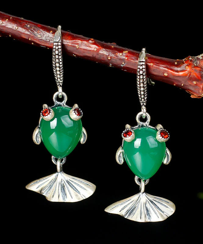 Vintage Green Sterling Silver Inlaid Gem Stone Chalcedony Goldfish Drop Earrings - republicanstateiVintage Green Sterling Silver Inlaid Gem Stone Chalcedony Goldfish Drop Earrings - republicanstatei