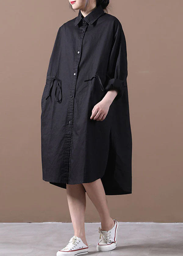Black Pockets Cotton Loose Shirt Dresses Solid Color Drawstring Long Sleeve - republicanstateiBlack Pockets Cotton Loose Shirt Dresses Solid Color Drawstring Long Sleeve - republicanstatei