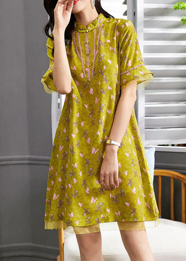 Boutique Yellow Mandarin Collar Floral Print Tulle Patchwork Silk Dresses Flare Sleeve - republicanstateiBoutique Yellow Mandarin Collar Floral Print Tulle Patchwork Silk Dresses Flare Sleeve - republicanstatei