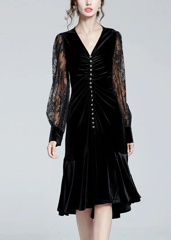Fine Black V Neck Embroideried Tulle Patchwork Slim Velour Fishtail Dresses Spring - republicanstateiFine Black V Neck Embroideried Tulle Patchwork Slim Velour Fishtail Dresses Spring - republicanstatei
