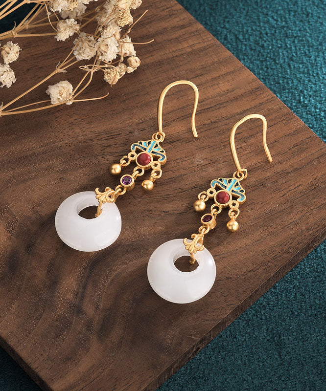Boutique White Ancient Gold Enamel Cloisonne Jade Ping Buckle Drop Earrings - republicanstateiBoutique White Ancient Gold Enamel Cloisonne Jade Ping Buckle Drop Earrings - republicanstatei