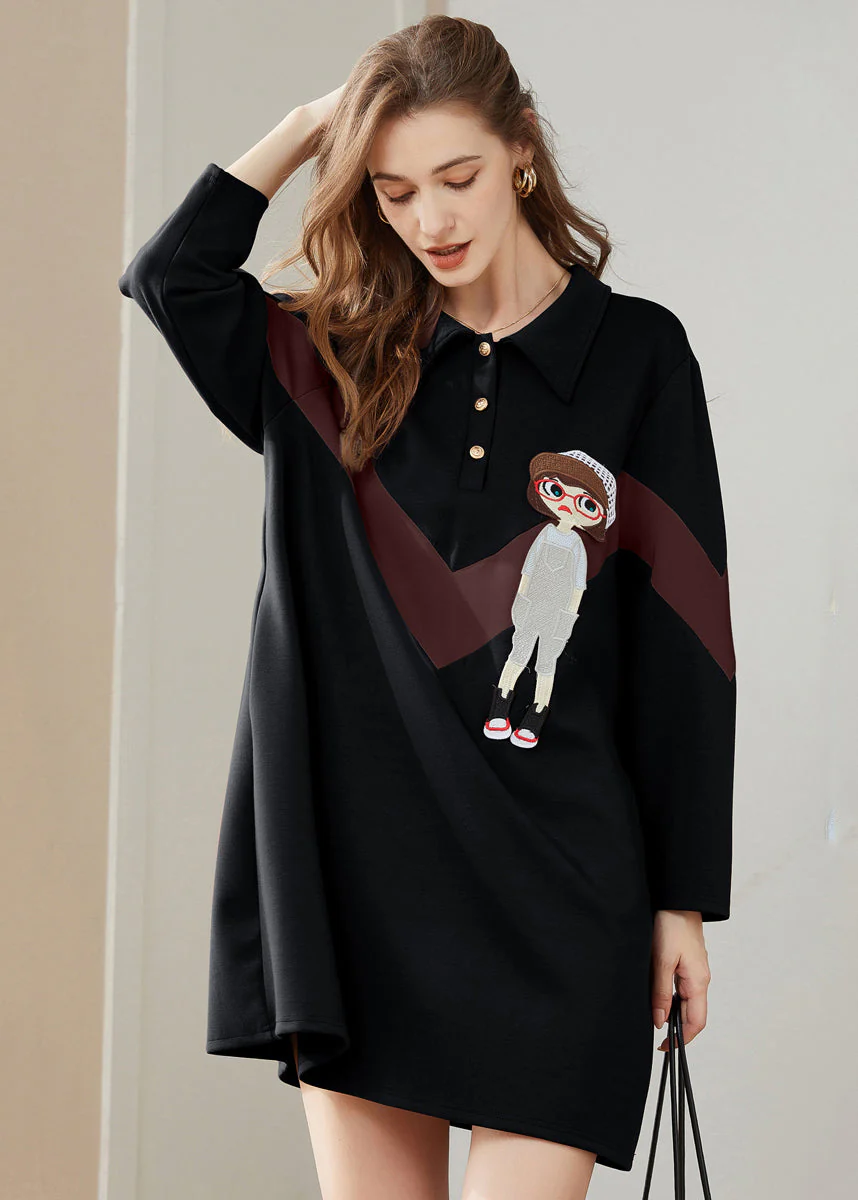 Modern Black Peter Pan Collar Character Print Cotton Sweatshirts Dress Spring - republicanstateiModern Black Peter Pan Collar Character Print Cotton Sweatshirts Dress Spring - republicanstatei