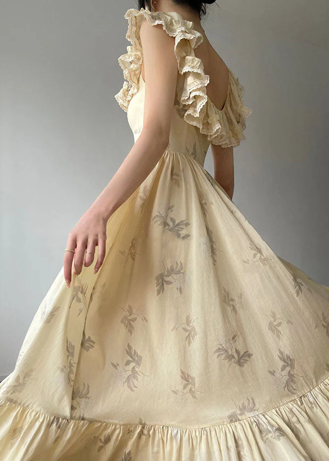 Women Beige Ruffled Backless Print Exra Large Hem Silk Long Dresses Summer - republicanstateiWomen Beige Ruffled Backless Print Exra Large Hem Silk Long Dresses Summer - republicanstatei