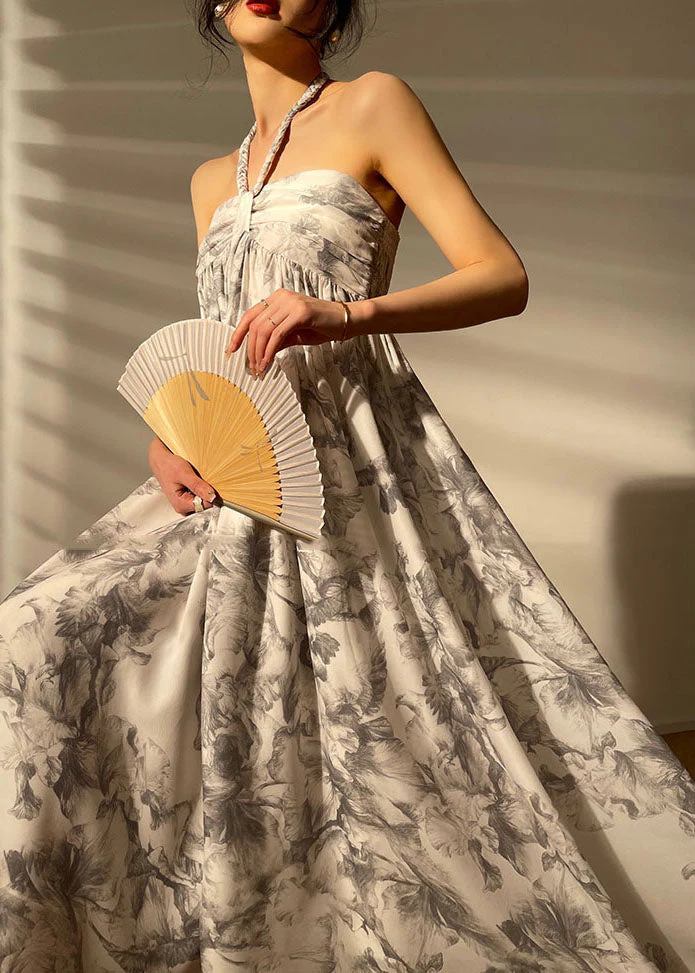 Bohemian Grey Cold Shoulder Print Exra Large Hem Chiffon Dress Sleeveless - republicanstateiBohemian Grey Cold Shoulder Print Exra Large Hem Chiffon Dress Sleeveless - republicanstatei