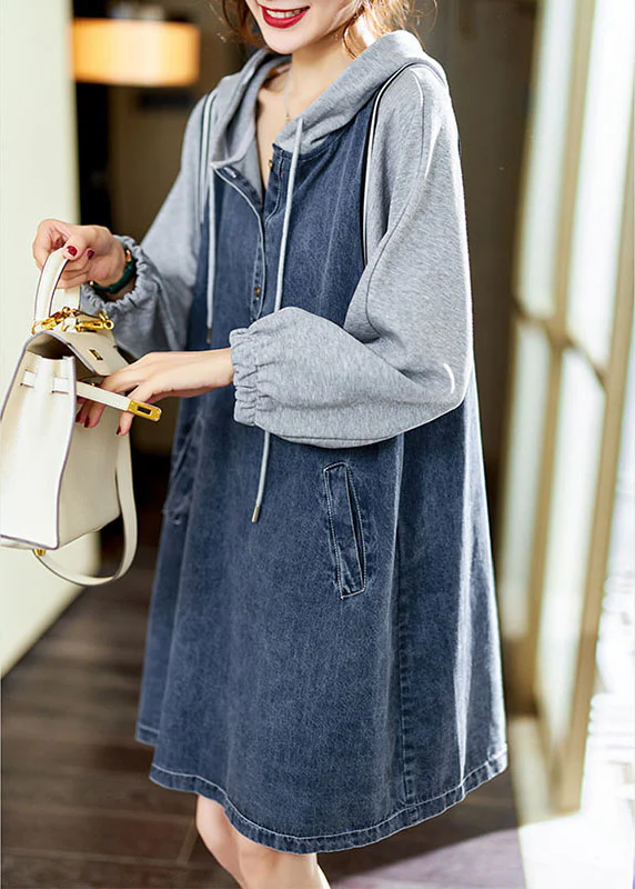 Boutique Blue hooded Pockets Button Patchwork Fall Long sleeve Denim Mid Dress - republicanstateiBoutique Blue hooded Pockets Button Patchwork Fall Long sleeve Denim Mid Dress - republicanstatei