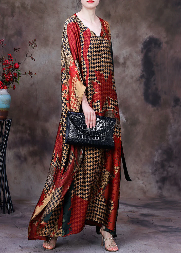 Organic Red Yellow Colour Patchwork V Neck Print Tie Waist Silk Vacation Dresses Batwing Sleeve - republicanstateiOrganic Red Yellow Colour Patchwork V Neck Print Tie Waist Silk Vacation Dresses Batwing Sleeve - republicanstatei