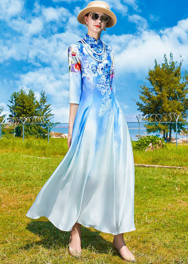 Vintage Sky Blue Stand Collar Print Exra Large Hem Silk Dress Cheongsam Bracelet Sleeve - republicanstateiVintage Sky Blue Stand Collar Print Exra Large Hem Silk Dress Cheongsam Bracelet Sleeve - republicanstatei