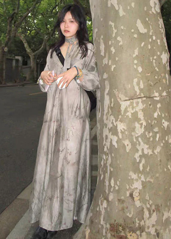 Elegant Grey V Neck Print Patchwork Silk Holiday Maxi Dress Long Sleeve - republicanstateiElegant Grey V Neck Print Patchwork Silk Holiday Maxi Dress Long Sleeve - republicanstatei