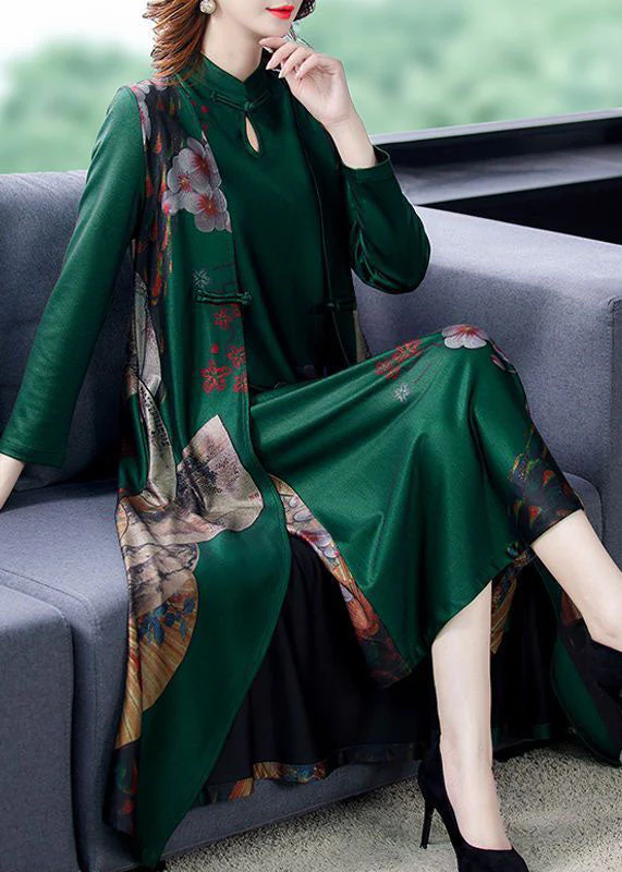 Vintage Green Print Chinese Button Silk Fake Two Piece Oriental Dresses Spring - republicanstateiVintage Green Print Chinese Button Silk Fake Two Piece Oriental Dresses Spring - republicanstatei