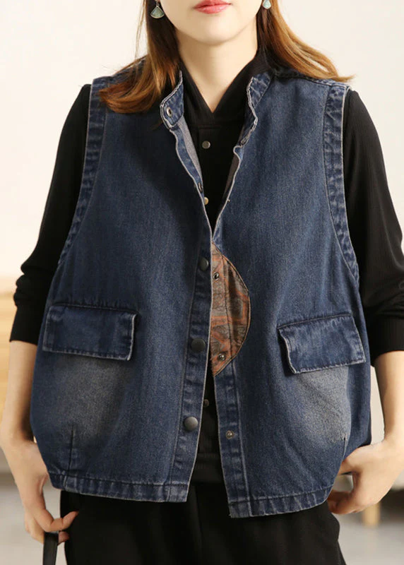Loose Blue Stand Collar Print Button Pockets Cotton Waistcoat Sleeveless - republicanstateiLoose Blue Stand Collar Print Button Pockets Cotton Waistcoat Sleeveless - republicanstatei