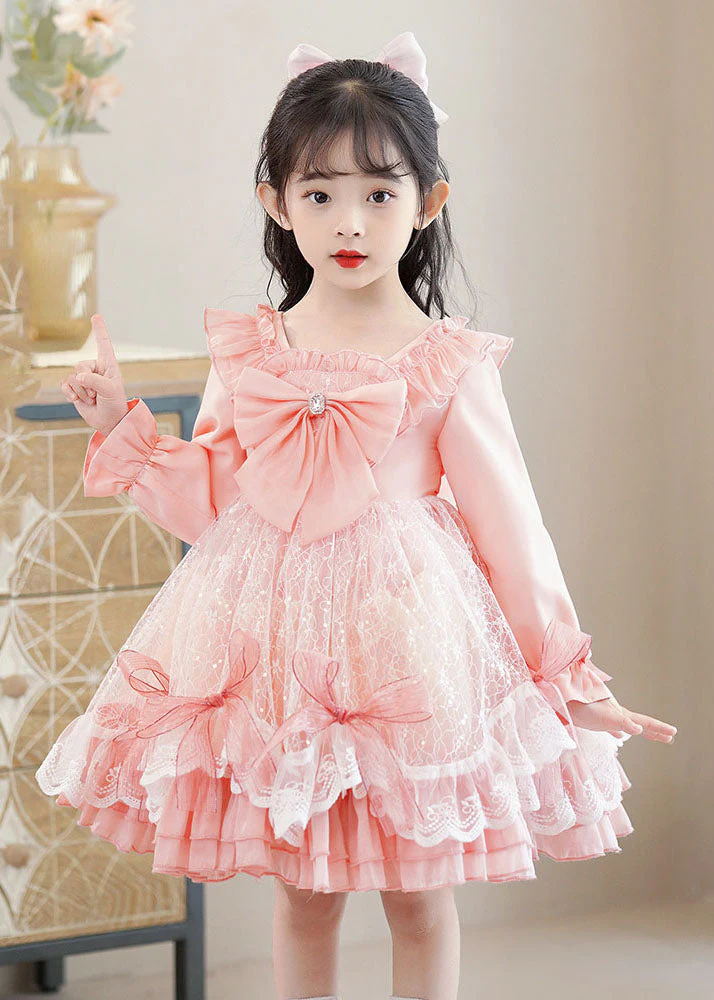 Lovely Pink Square Collar Bow Patchwork Tulle Kids Mid Dresses Long Sleeve - republicanstateiLovely Pink Square Collar Bow Patchwork Tulle Kids Mid Dresses Long Sleeve - republicanstatei