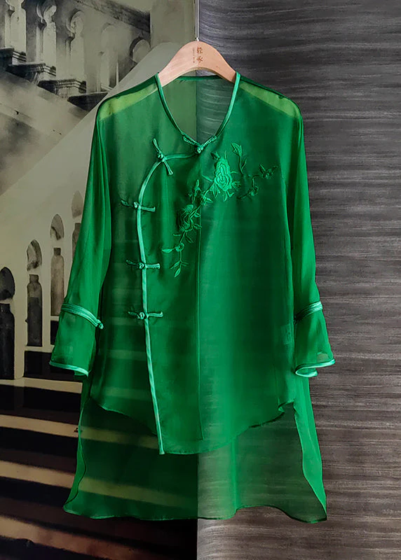 Organza Green O-Neck Embroideried Floral Low High Design Silk Mid Dress Long Sleeve - republicanstateiOrganza Green O-Neck Embroideried Floral Low High Design Silk Mid Dress Long Sleeve - republicanstatei