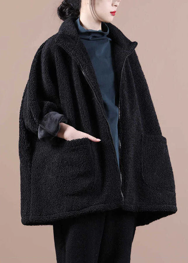 French Black Zip Up Pockets Thick Teddy Faux Fur Jacket Batwing Sleeve - republicanstateiFrench Black Zip Up Pockets Thick Teddy Faux Fur Jacket Batwing Sleeve - republicanstatei
