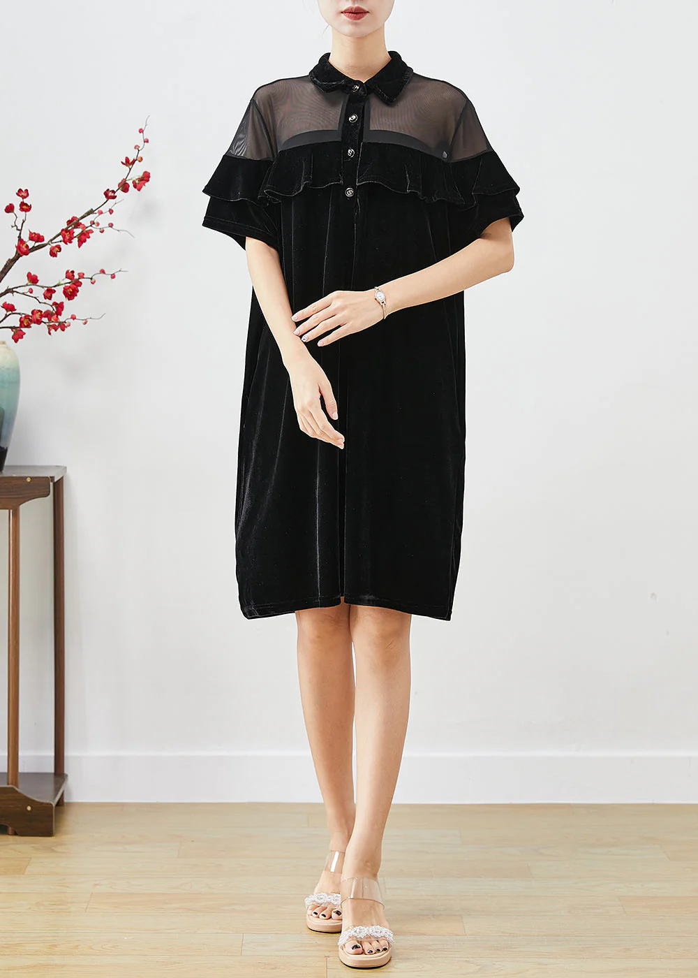 Classy Black Ruffles Patchwork Tulle Hollow Out Silk Velour Dress Fall - republicanstateiClassy Black Ruffles Patchwork Tulle Hollow Out Silk Velour Dress Fall - republicanstatei
