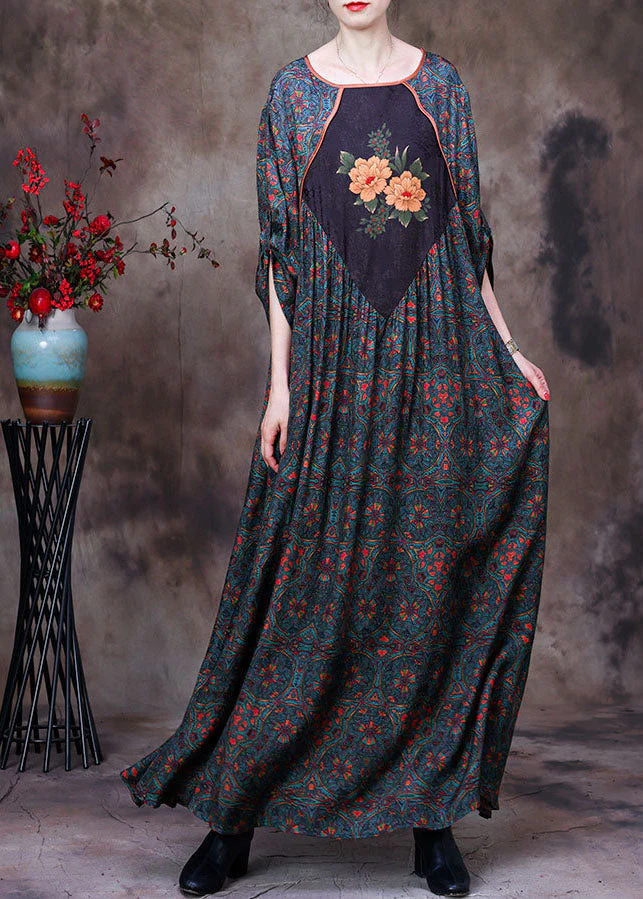 Plus Size Green O-Neck Patchwork Print Exra Large Hem Silk Maxi Dresses Long Sleeve - republicanstateiPlus Size Green O-Neck Patchwork Print Exra Large Hem Silk Maxi Dresses Long Sleeve - republicanstatei