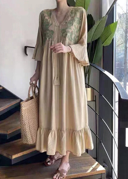 Beautiful Apricot V Neck Embroideried Ruffled Tassel Tie Waist Long Dresses Flare Sleeve - republicanstateiBeautiful Apricot V Neck Embroideried Ruffled Tassel Tie Waist Long Dresses Flare Sleeve - republicanstatei