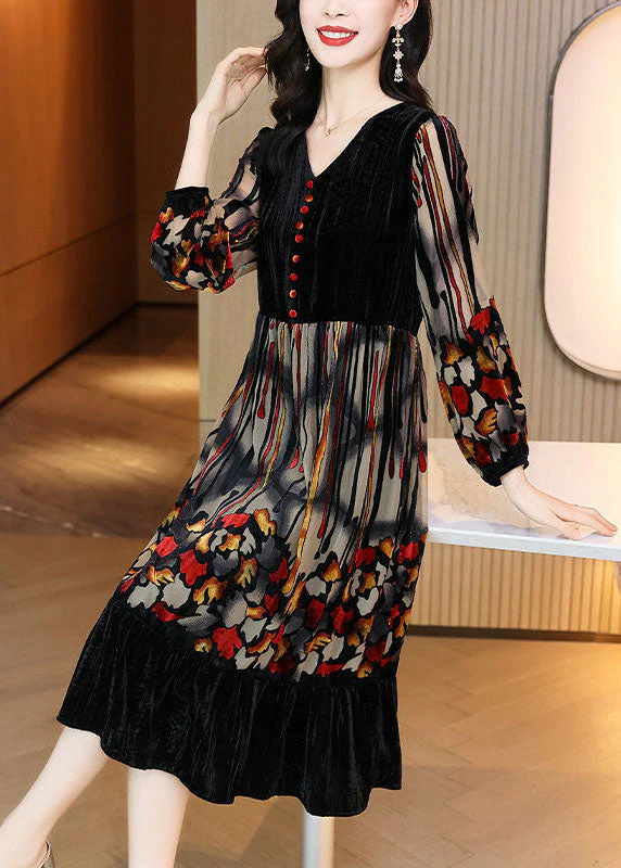 Stylish Black V Neck Patchwork Print Exra Large Hem Silk Velour Dress Spring - republicanstateiStylish Black V Neck Patchwork Print Exra Large Hem Silk Velour Dress Spring - republicanstatei