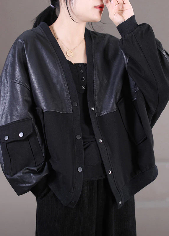Italian Black V Neck Button Pockets Faux Leather Patchwork Knit Coat Long Sleeve - republicanstateiItalian Black V Neck Button Pockets Faux Leather Patchwork Knit Coat Long Sleeve - republicanstatei