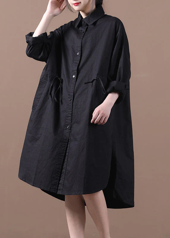Black Pockets Cotton Loose Shirt Dresses Solid Color Drawstring Long Sleeve - republicanstateiBlack Pockets Cotton Loose Shirt Dresses Solid Color Drawstring Long Sleeve - republicanstatei