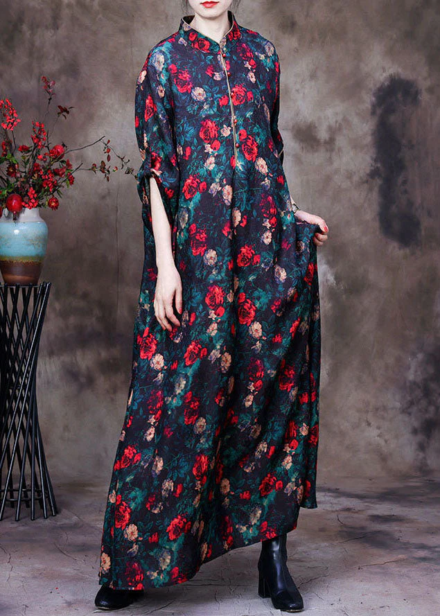 Vintage Black Stand Collar Floral Print Side Open Silk Long Dresses Long Sleeve - republicanstateiVintage Black Stand Collar Floral Print Side Open Silk Long Dresses Long Sleeve - republicanstatei