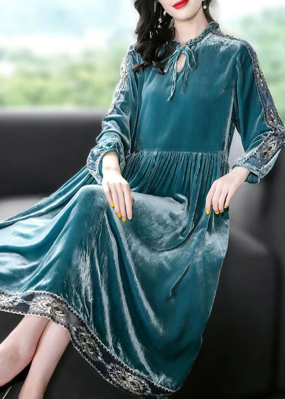 Women Peacock Blue Ruffled Embroideried Patchwork Silk Velour Dress Spring - republicanstateiWomen Peacock Blue Ruffled Embroideried Patchwork Silk Velour Dress Spring - republicanstatei
