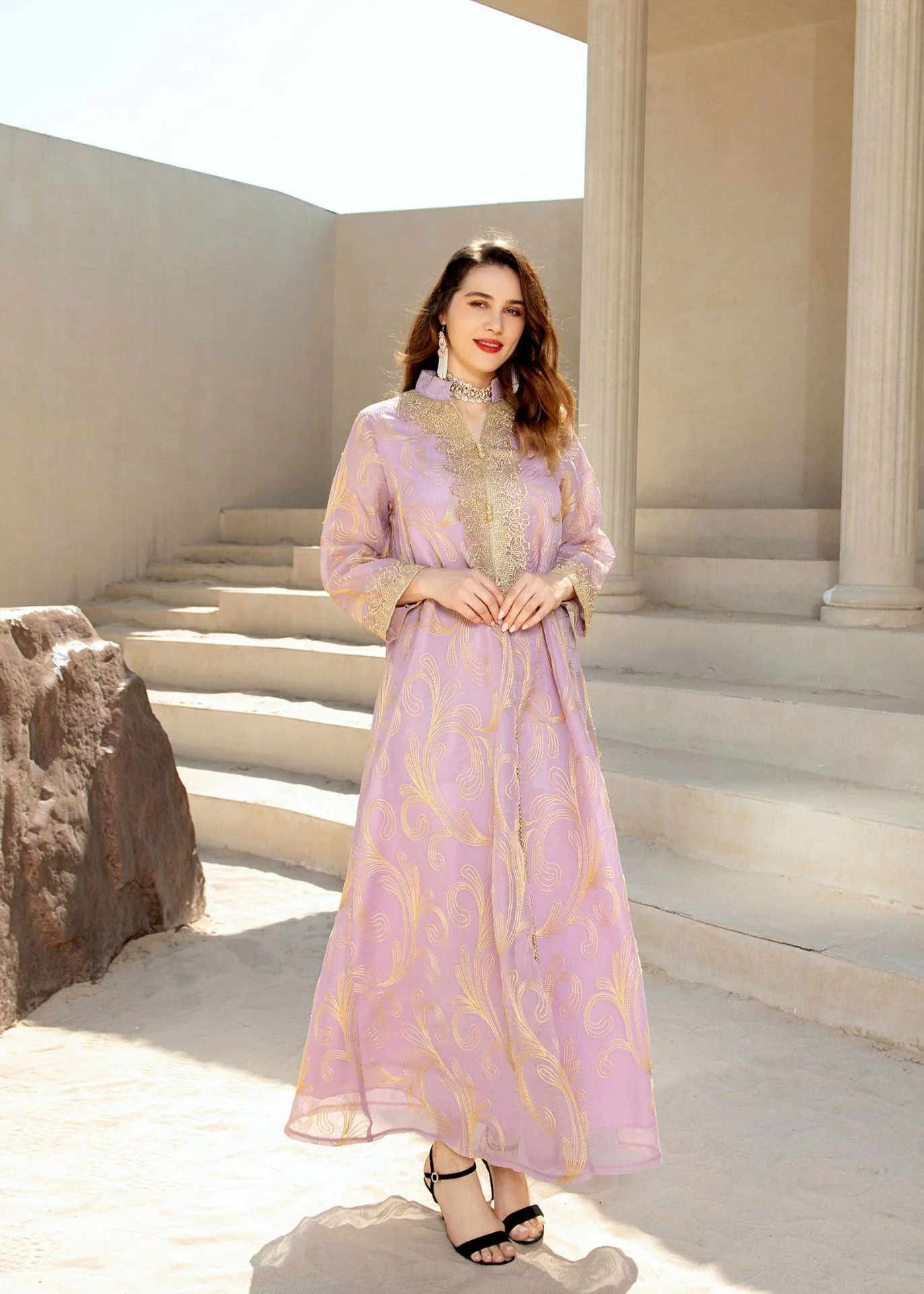 Fashion Light Purple Stand Collar Embroideried Floral Tulle Long Dress Fall - republicanstateiFashion Light Purple Stand Collar Embroideried Floral Tulle Long Dress Fall - republicanstatei