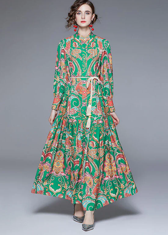 DIY Green Stand Collar Print Wrinkled Sashes Chiffon Holiday Dress Fall - republicanstateiDIY Green Stand Collar Print Wrinkled Sashes Chiffon Holiday Dress Fall - republicanstatei