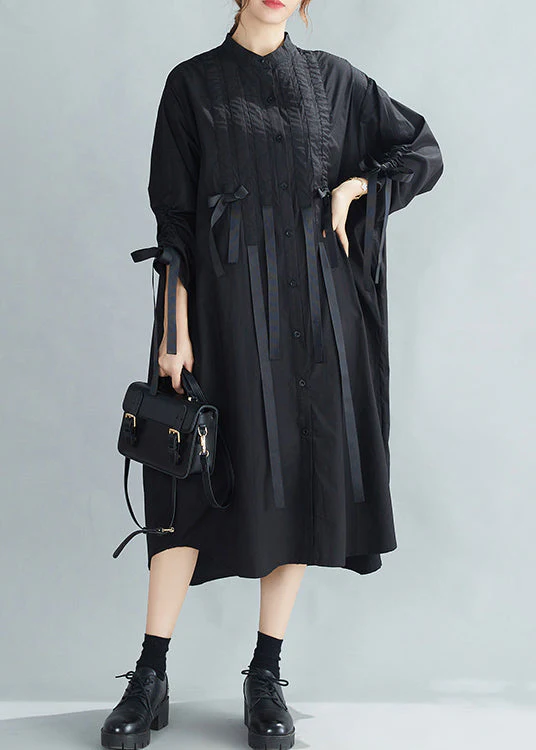 French Black Stand Collar Wrinkled Cinched Bow Cotton Shirt Dress Spring - republicanstateiFrench Black Stand Collar Wrinkled Cinched Bow Cotton Shirt Dress Spring - republicanstatei