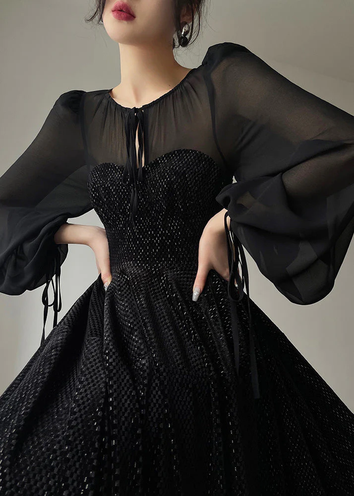 Vintage Black O-Neck Tulle Drawstring Patchwork Velour Long Dresses Long Sleeve - republicanstateiVintage Black O-Neck Tulle Drawstring Patchwork Velour Long Dresses Long Sleeve - republicanstatei
