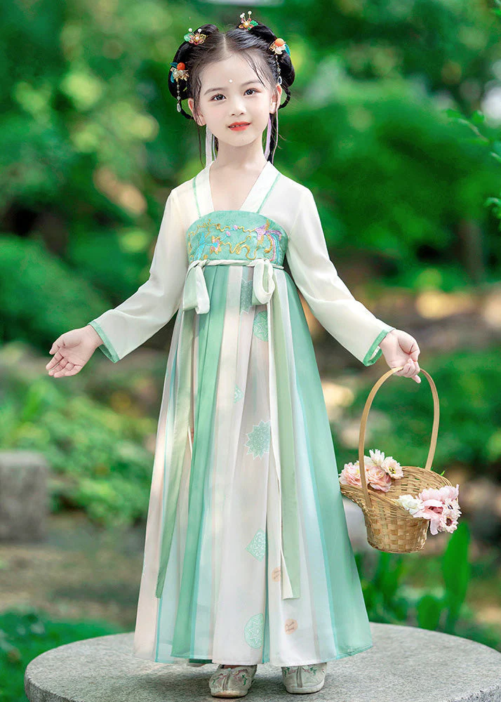 Fashion Green Embroideried Patchwork Tie Waist Kids Girls Long Dress Long Sleeve - republicanstateiFashion Green Embroideried Patchwork Tie Waist Kids Girls Long Dress Long Sleeve - republicanstatei