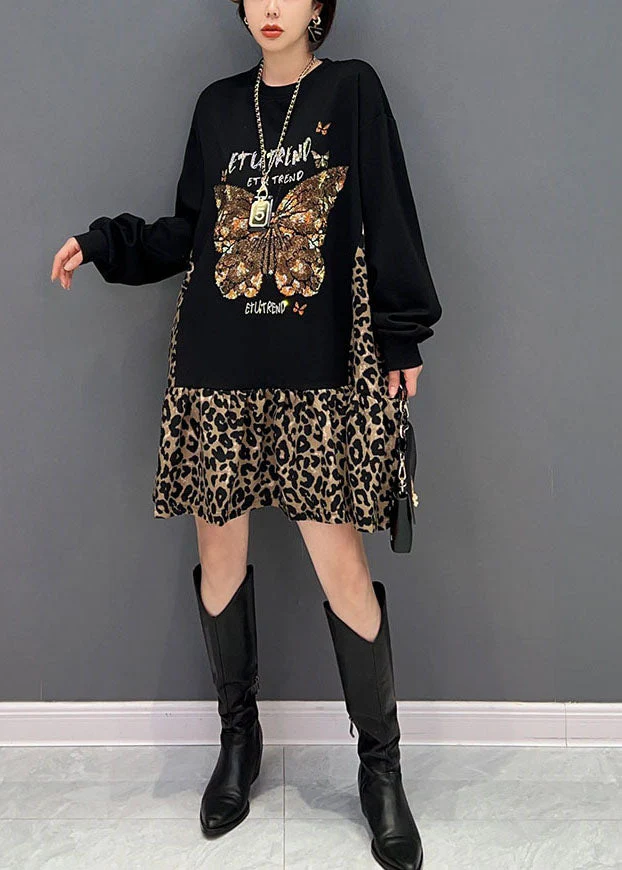 Style Black Oversized Patchwork Leopard Cotton Sweatshirt Dress Spring - republicanstateiStyle Black Oversized Patchwork Leopard Cotton Sweatshirt Dress Spring - republicanstatei