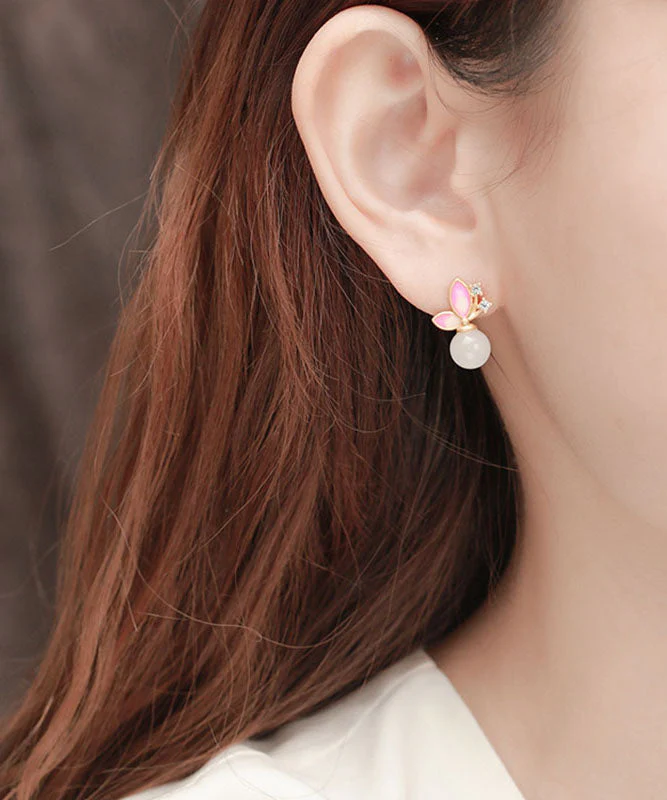 Modern Pink Sterling Silver Overgild Jade Zircon Cloisonne Stud Earrings - republicanstateiModern Pink Sterling Silver Overgild Jade Zircon Cloisonne Stud Earrings - republicanstatei