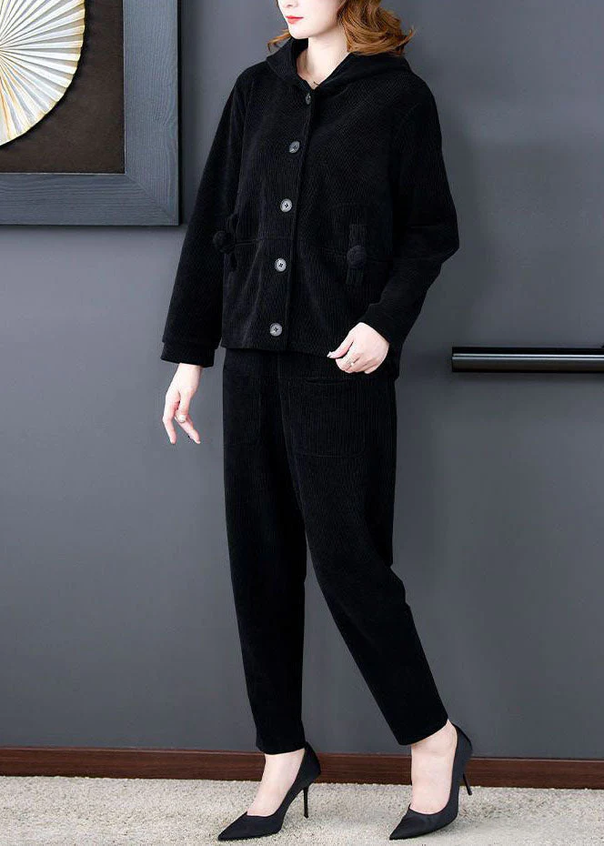 Vintage Black Hooded Solid Color Corduroy Coats And Harem Pants Two Pieces Set Winter - republicanstateiVintage Black Hooded Solid Color Corduroy Coats And Harem Pants Two Pieces Set Winter - republicanstatei