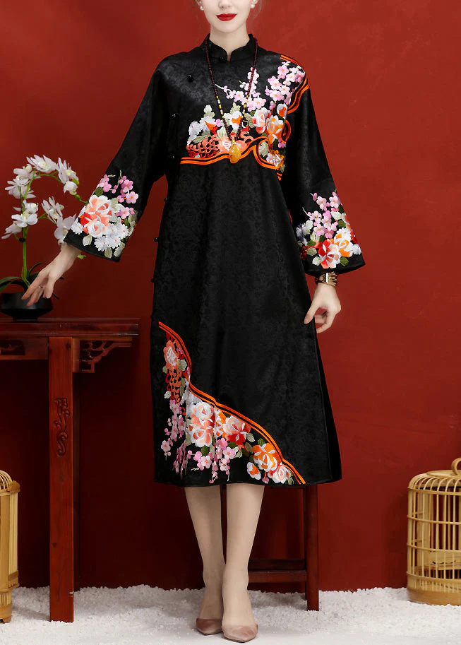 Jacquard Black Embroideried Button Side Open Silk Maxi Dress Long Sleeve - republicanstateiJacquard Black Embroideried Button Side Open Silk Maxi Dress Long Sleeve - republicanstatei