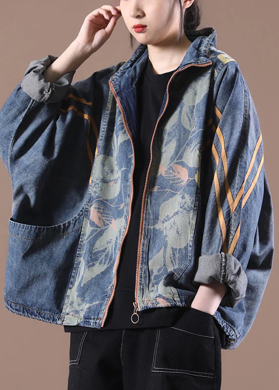 Loose Make Old Blue Stand Collar Zippered Print Denim Coats Long Sleeve - republicanstateiLoose Make Old Blue Stand Collar Zippered Print Denim Coats Long Sleeve - republicanstatei