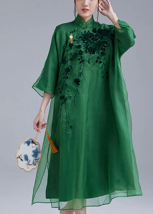 Fine Green Mandarin Collar Embroideried Tulle Silk A Line Dress Bracelet Sleeve - republicanstateiFine Green Mandarin Collar Embroideried Tulle Silk A Line Dress Bracelet Sleeve - republicanstatei