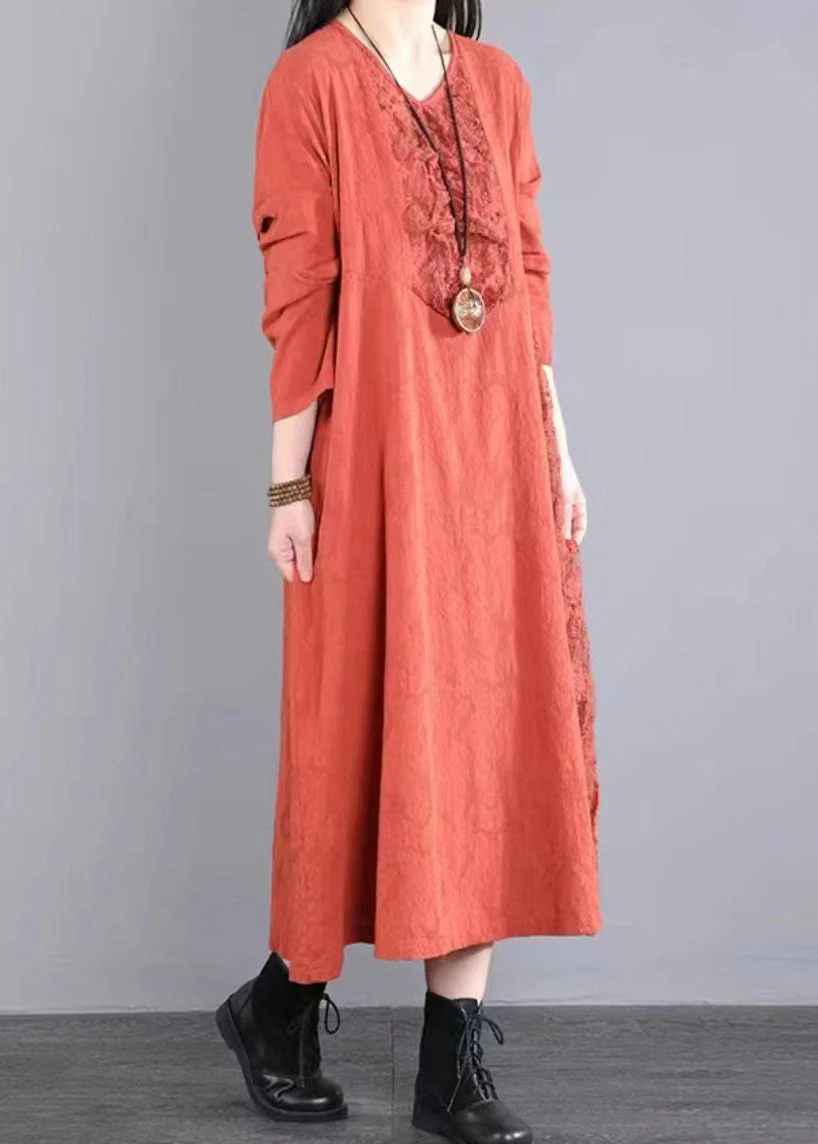 Original Orange V Neck Hollow Out Lace Patchwork Cotton Long Dresses Fall - republicanstateiOriginal Orange V Neck Hollow Out Lace Patchwork Cotton Long Dresses Fall - republicanstatei