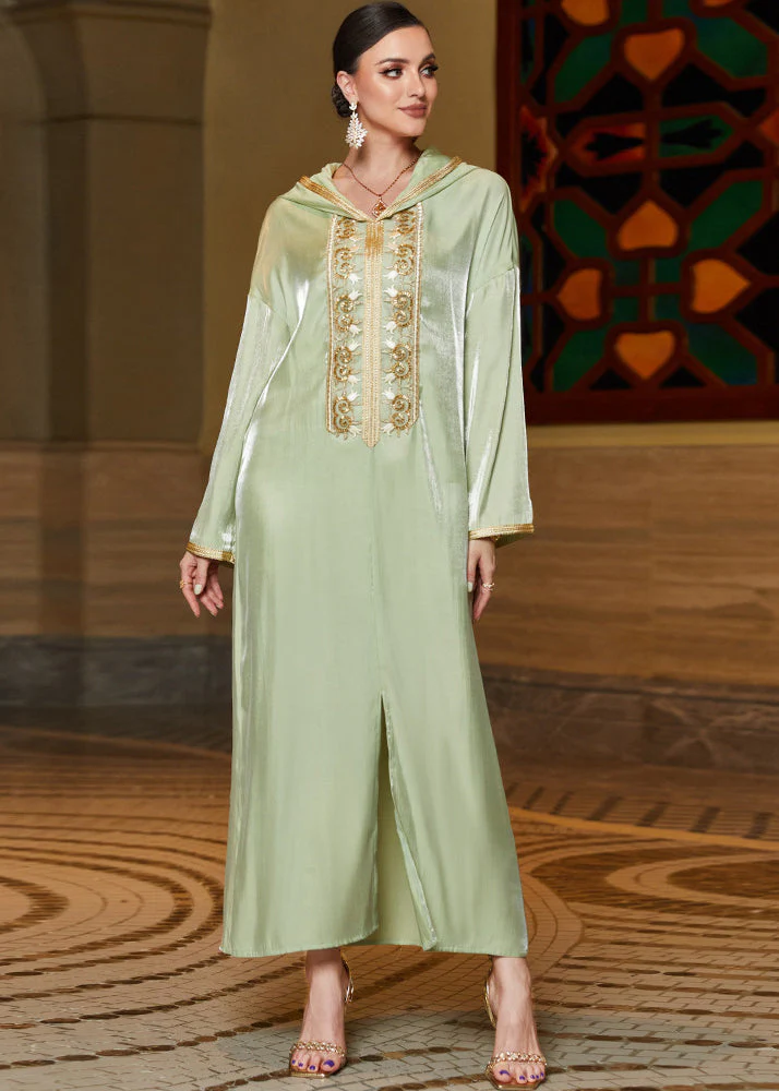 French Mint Green Lace Patchwork Zircon Hooded Chiffon Long Dresses Long Sleeve - republicanstateiFrench Mint Green Lace Patchwork Zircon Hooded Chiffon Long Dresses Long Sleeve - republicanstatei