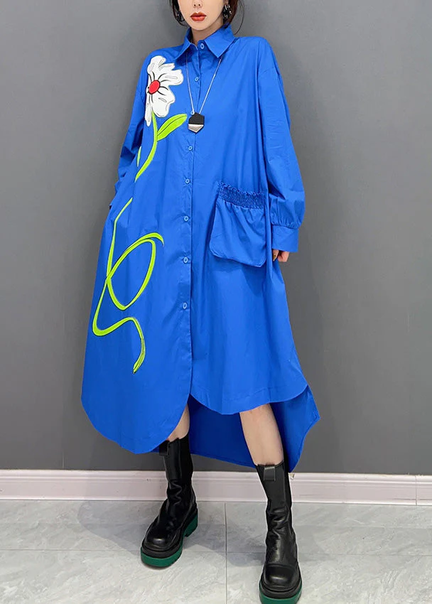 Fashion Blue Peter Pan Collar Asymmetrical Print Button Maxi Shirts Dress Long Sleeve - republicanstateiFashion Blue Peter Pan Collar Asymmetrical Print Button Maxi Shirts Dress Long Sleeve - republicanstatei