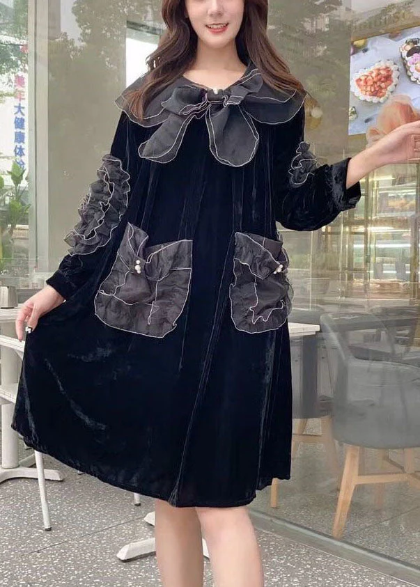 Unique Black Peter Pan Collar Organza Patchwork Silk Velour A Line Dresses Spring - republicanstateiUnique Black Peter Pan Collar Organza Patchwork Silk Velour A Line Dresses Spring - republicanstatei