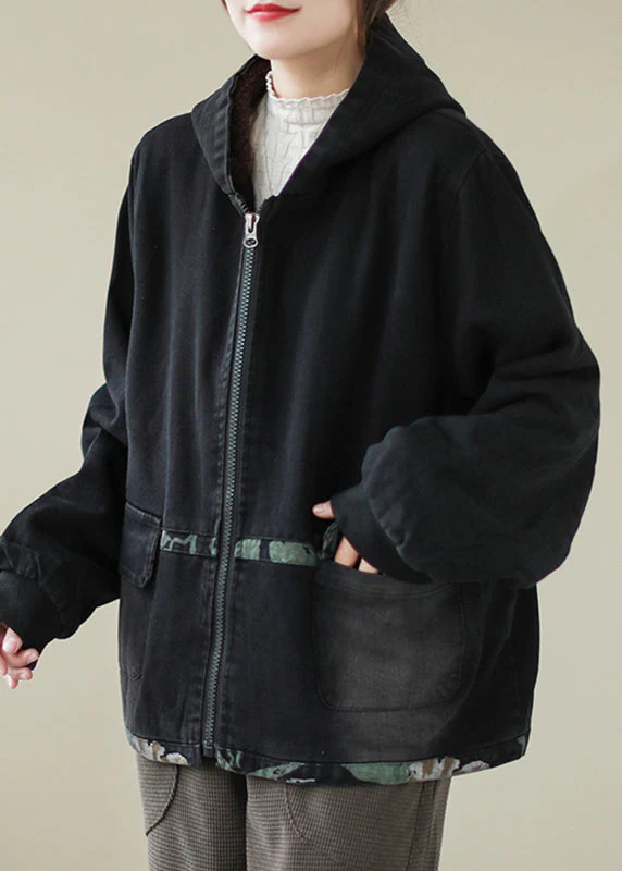 Stylish Black Zippered Pockets Patchwork Warm Fleece Cotton Denim Hooded Coats Long Sleeve - republicanstateiStylish Black Zippered Pockets Patchwork Warm Fleece Cotton Denim Hooded Coats Long Sleeve - republicanstatei