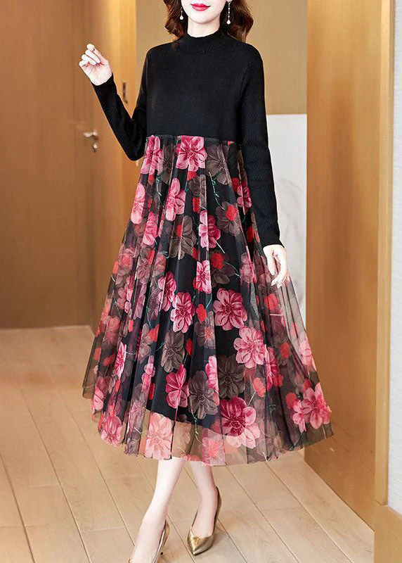 Boutique Black High Neck Patchwork Tulle Print Knit Maxi Dresses Spring - republicanstateiBoutique Black High Neck Patchwork Tulle Print Knit Maxi Dresses Spring - republicanstatei