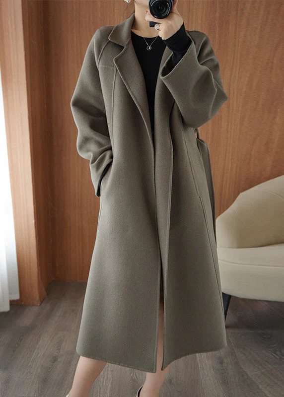 Loose Grey Chocolate Colour Notched Tie Waist Woolen Long Coats Fall - republicanstateiLoose Grey Chocolate Colour Notched Tie Waist Woolen Long Coats Fall - republicanstatei