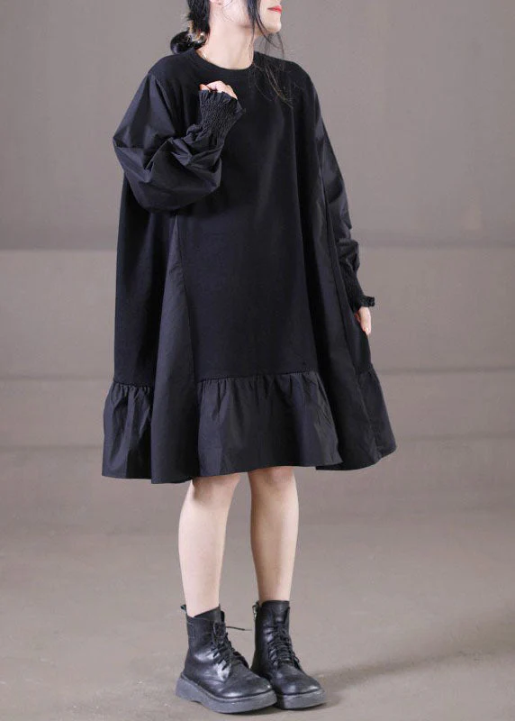 Handmade Black O-Neck Wrinkled Patchwork Ruffles Cotton Mid Dress Lantern Sleeve - republicanstateiHandmade Black O-Neck Wrinkled Patchwork Ruffles Cotton Mid Dress Lantern Sleeve - republicanstatei